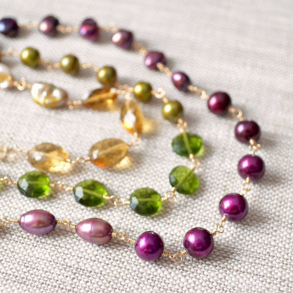 Long Olive Green and Plum Gemstone and Pearl Necklace in Gold